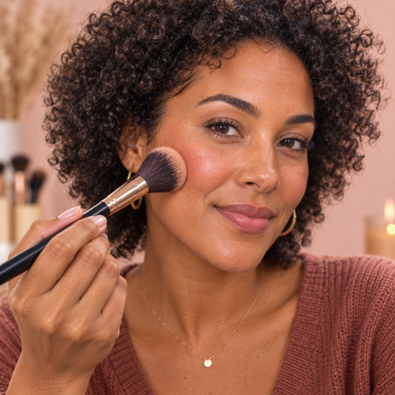 Chloé, fondatrice de Pinceau-maquillage.com, applique son blush au pinceau